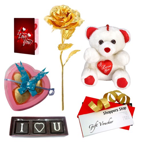 Impressive Gift of Shoppers Stop Vouchers along with Love Chocolates and Golden Rose Impressive Gift of Shoppers Stop Vouchers along with Love Chocolates and Golden Rose