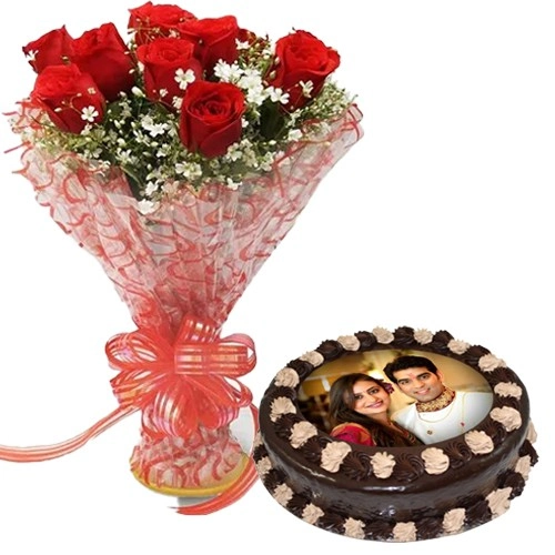 Rose Day Special Gift of Red Roses Bouquet with Chocolate Photo Cake