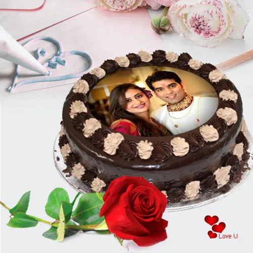 Romantic Gift of Chocolate Photo Cake with Single Red Rose for Rose Day