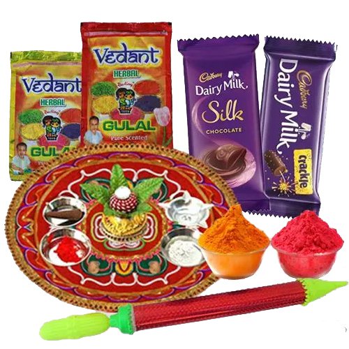 Assorted Holi Gift of Dairy Milk Chocolate with Puja Thali, Herbal Gulal N Pichkari Assorted Holi Gift of Dairy Milk Chocolate with Puja Thali, Herbal Gulal N Pichkari