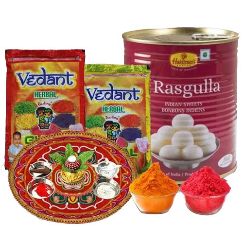 Highly Enjoyable Holi Herbal Gulal with Puja Thali N Haldiram Rasgulla Highly Enjoyable Holi Herbal Gulal with Puja Thali N Haldiram Rasgulla