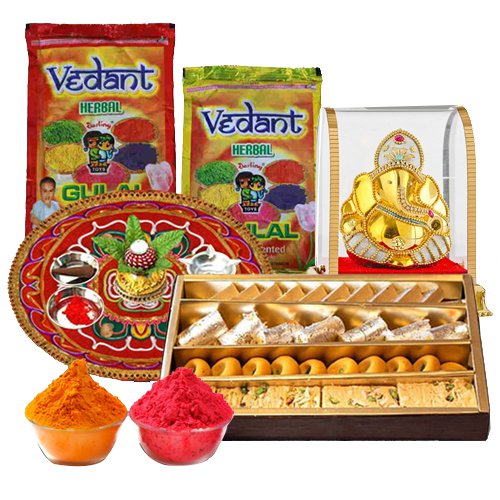 Pure Herbal Holi Colors with Assorted Sweets, Ganesh Mandap N Puja Thali Pure Herbal Holi Colors with Assorted Sweets, Ganesh Mandap N Puja Thali