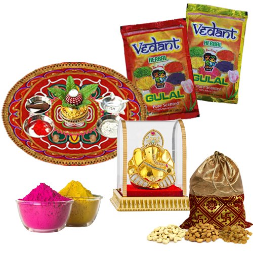 Colorful Holi Combo of Dry Fruit Potli, Herbal Gulal, Ganesh Mandap N Puja Thali Colorful Holi Combo of Dry Fruit Potli, Herbal Gulal, Ganesh Mandap N Puja Thali