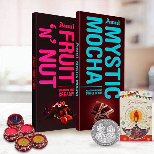 Divine Chocolate Gift Pack with Diya N Silver Plated Coin Divine Chocolate Gift Pack with Diya N Silver Plated Coin