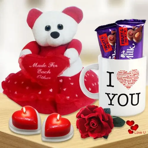 Valentine’s Day Combo of Teddy with Heart, Cadbury Chocolates, Heart Shape Candle n a Love Mug