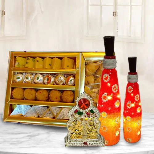Gorgeous Bottle Art Lamp Set with Antique Ganesh Laxmi Mandap n Assorted Sweets