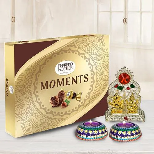 Antique Ganesh Laxmi Mandap with Dot Mandala Art Handmade Diya Set n Ferrero Rocher Chocolate