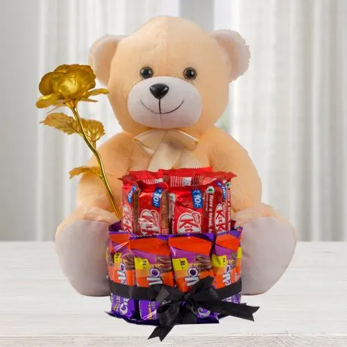 Special Teddy with Golden Rose n 2 Tier Chocolate Arrangement
