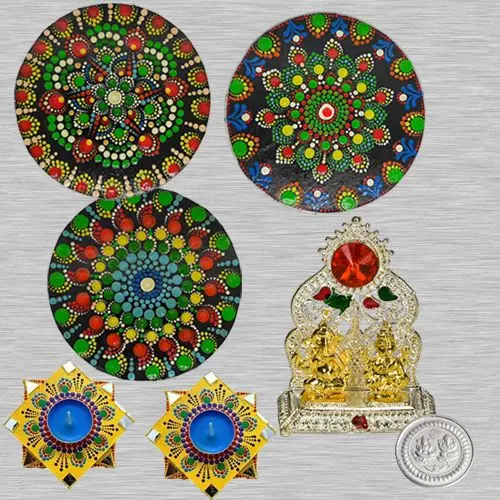 Exclusive Dot Mandala Art Diwali Decor Rangoli n Diya with Laxmi Ganesh Mandap  N  Free Silver Plated Coin