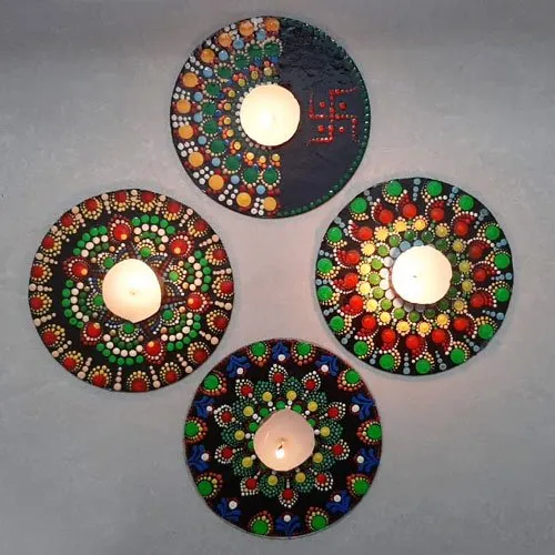 Exclusive Diwali Decor of 4 pcs Dot Mandala Art Handmade Swastik Rangoli n Tea Light Candle Set for Family n Friends