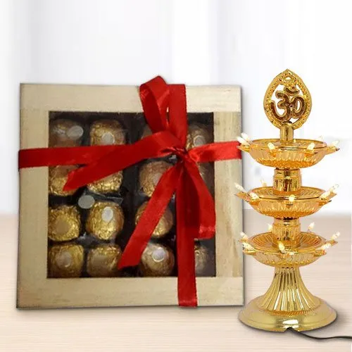 Reusable Wooden Gift Box of Ferrero Rocher N Diya LED Lamp for Diwali