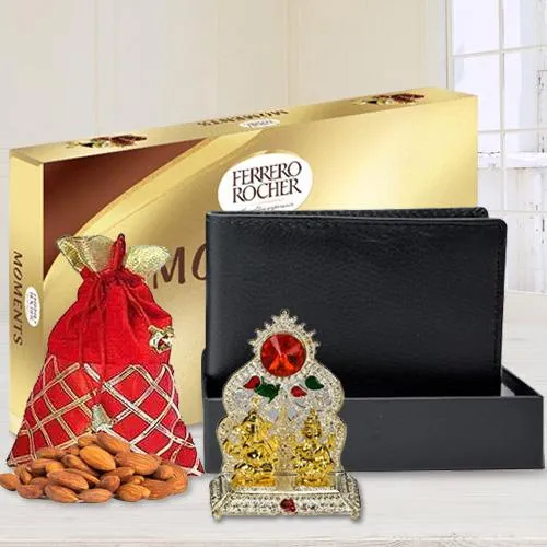 Auspicious Ganesh Laxmi Mandap with a Gents Leather Wallet Ferrero Rocher Chocolate n Crunchy Almonds