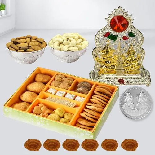 Mouth watering Diwali Sweets with Dry Fruits Snack n Laxmi Ganesh Mandap Coin n Free Diya