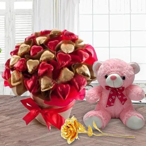 Graceful Heart Shape Chocolate Bucket, Teddy n Golden Rose Gift for GF