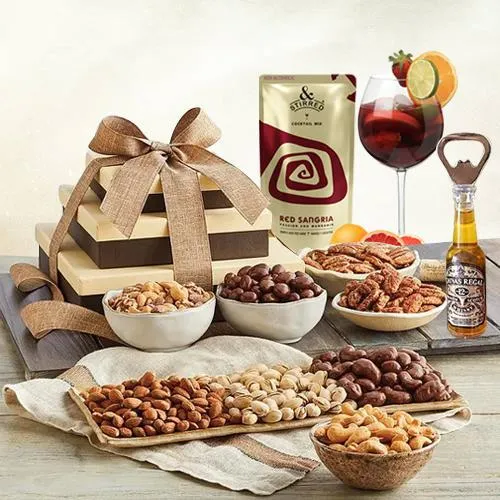 Nutty Gift Tower with Wine Glasses, Cocktail Mix  N  a Bottle Opener