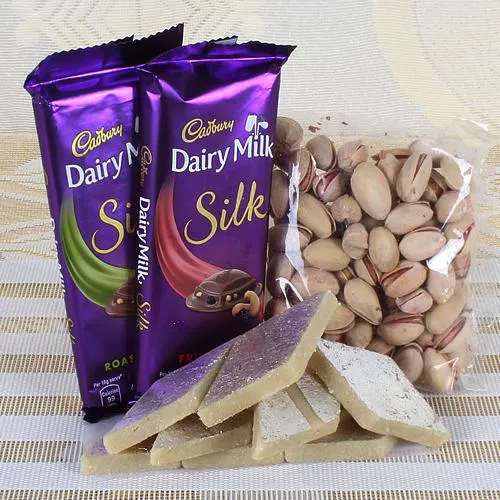 Xmas Gift Trio of Salted Pistachio, Haldiram Kaju Katli n Cadbury Silk Chocolates