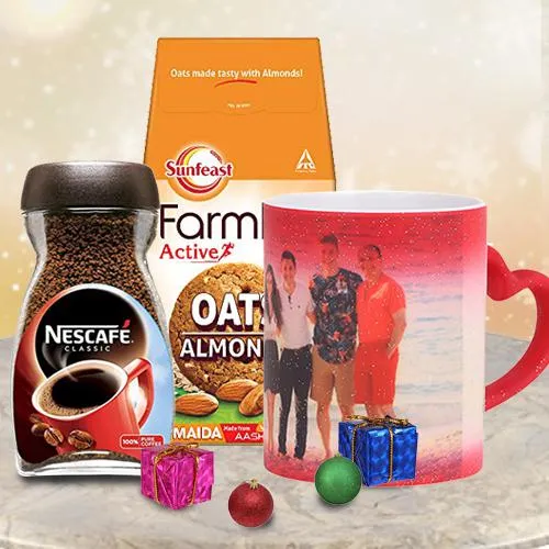 Xmas Special Personalized Magic Mug with Nescafe Coffee N Sunfeast Biscuit