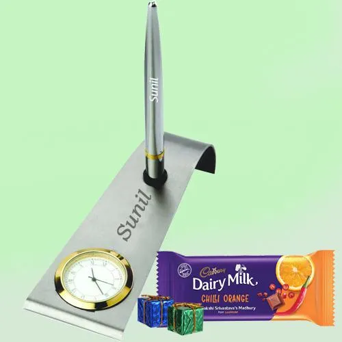 Classy Xmas Personalized Gift of Pen n Stand with Chocolates