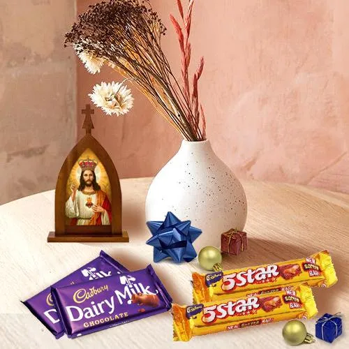 Suave Xmas Gift of Holy Statue, Pendant n Chocolates Suave Xmas Gift of Holy Statue, Pendant n Chocolates