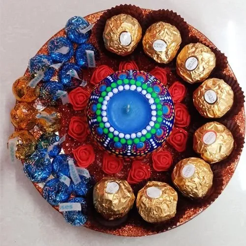 Exclusive Plate Decked with Chocolates, Dot Mandala Diya n Flower Decor