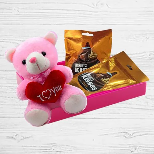 Delightful Combo of Teddy with Heart n Hersheys Kisses