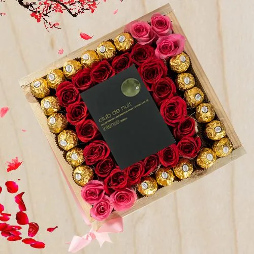 Extravagant Gift of Club Nuit Perfume, Ferrero Rocher Chocolates n Roses for Fiancee