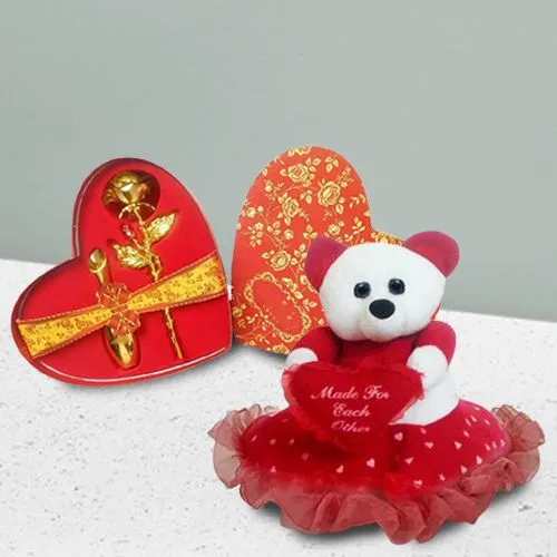 Impressive Gift of Heart Teddy n Golden Rose