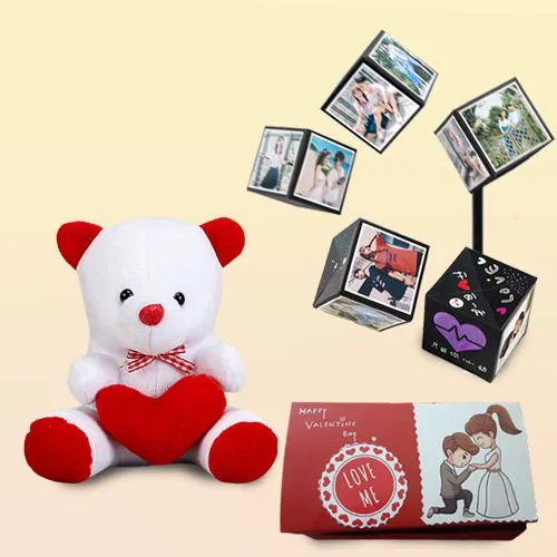Enthralling Magic Pop Up Box of Personalized Photos and a Teddy with Heart