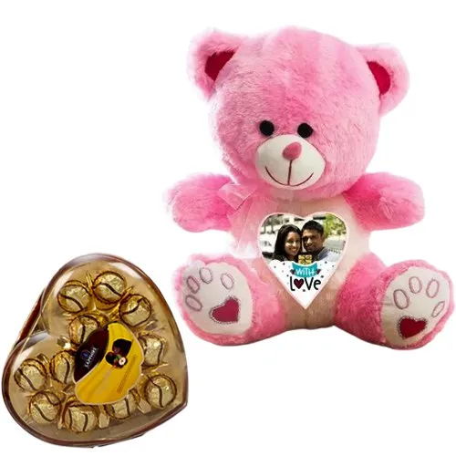 Lovely Personalized Photo Teddy with Sapphire Hazelfills Chocolate Box