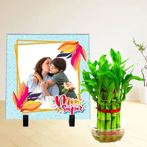 Fantastic Personalized Photo Tile with Bamboo Plant for Mothers Day