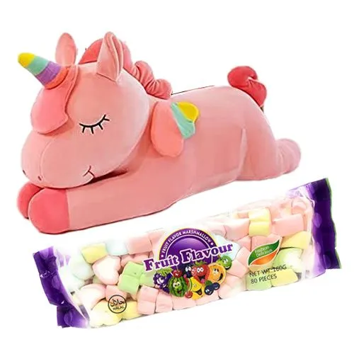 Terrific Combo of Unicorn Soft Toy N Fruit Flavor Marshmallow