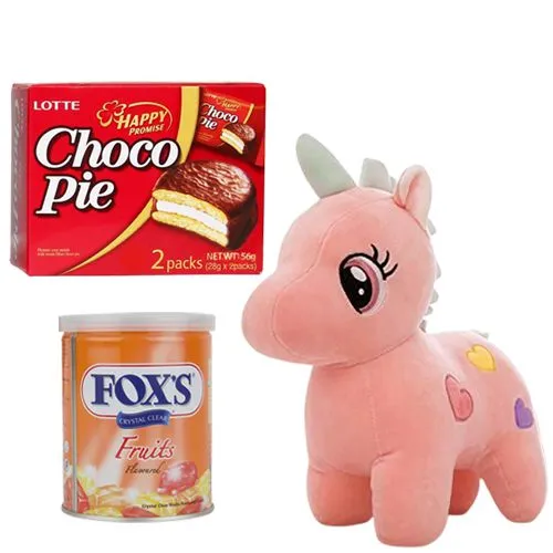 Mesmerizing Unicorn Soft Toy N chocolates Gift Set for Kids