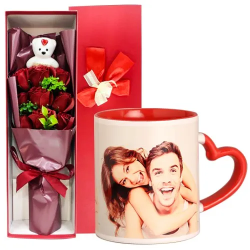 Remarkable Pair of Artificial Roses Bouquet with Teddy N Personalize Coffee Mug