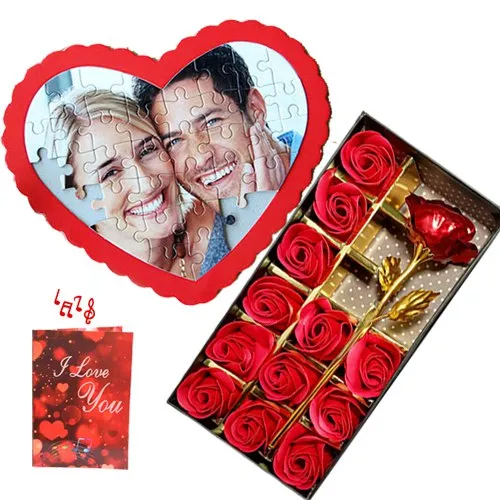 Marvelous Arrangement of Personalize Puzzle with Artificial Roses N Musical Greetings Card