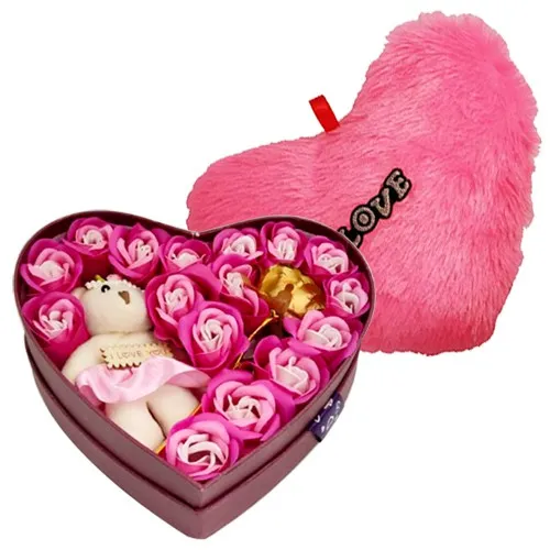 Impressive Gift of Roses N Teddy Arrangement with LED Jar N Musical Greetings Card