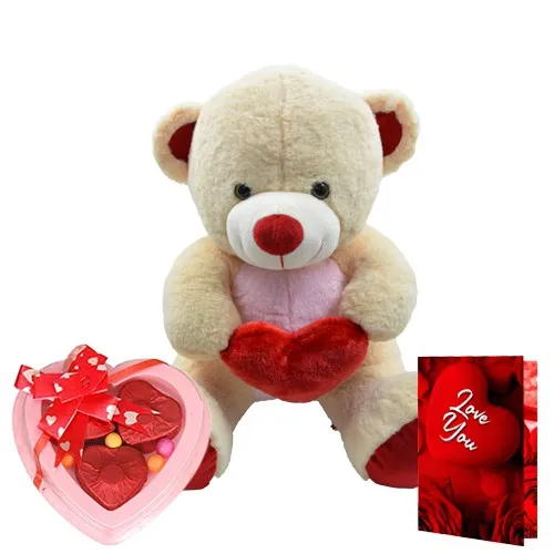 Lovely Gift of Teddy with Artificial Roses Chocolates N Love You Card
