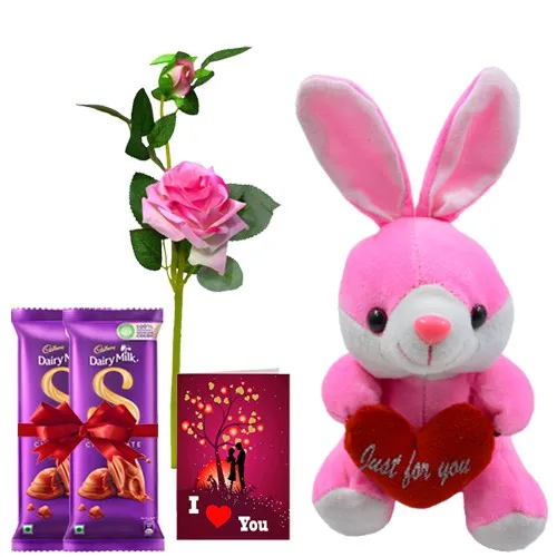 Admirable Pink Rabbit N Red Rose Stick with Cadbury Silk N Love You Card