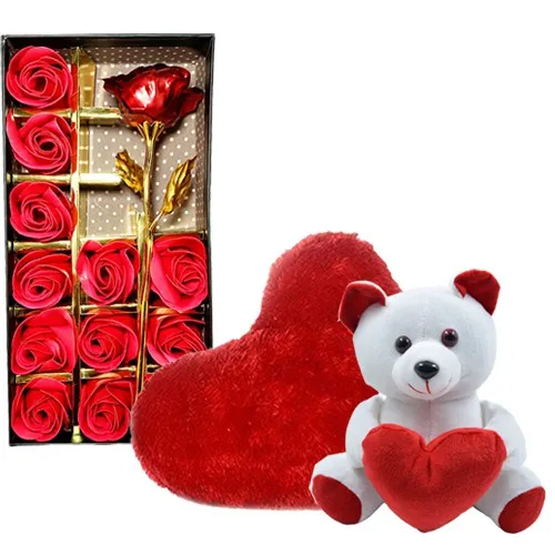 Cute Teddy with Red Roses N Heart Shape Cushion Combo Cute Teddy with Red Roses N Heart Shape Cushion Combo