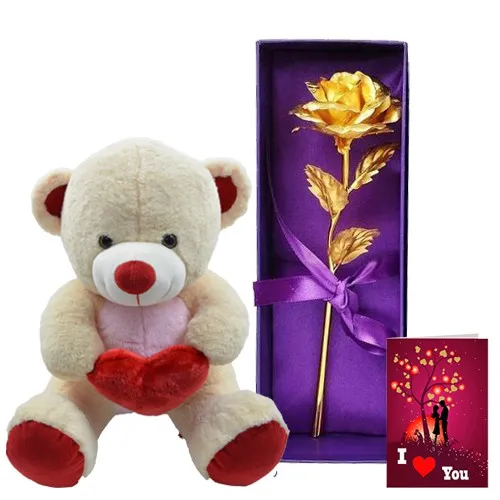 Amazing Soft Teddy with Artificial Golden Rose N Love You Card Combo Amazing Soft Teddy with Artificial Golden Rose N Love You Card Combo