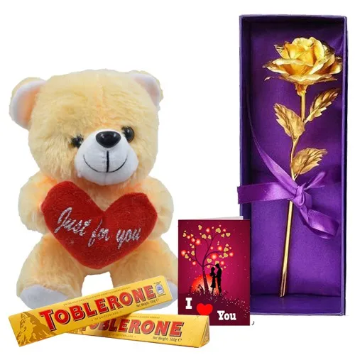 Marvelous Combo of Teddy N Toblerone with Artificial Golden Rose N Love You Card Marvelous Combo of Teddy N Toblerone with Artificial Golden Rose N Love You Card