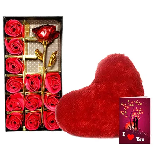 Stunning Trio of Artificial Red Roses with Red Cushion N Love You Card