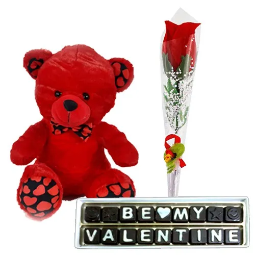 Stunning Red Rose Stick with Red Teddy N Handmade Chocolate Gift Combo