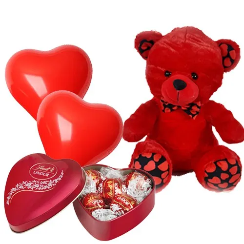 Wonderful Combo of Red Teddy with Lindt Chocolate N Red Heart Shape Balloons