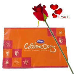 Assorted Cadburys Chocolates Celebration with One Velvet Red Rose Assorted Cadburys Chocolates Celebration with One Velvet Red Rose