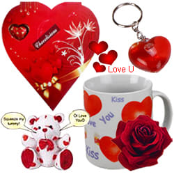 Lovely Valentine Hamper of Heart Shaped Keyring, Love Mug, Singing Teddy and chocolates Lovely Valentine Hamper of Heart Shaped Keyring, Love Mug, Singing Teddy and chocolates
