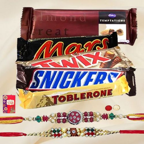 Delicous Chocolate Bars Hamper with 2 Designer Rakhi and Roli Tilak Chawal Delicous Chocolate Bars Hamper with 2 Designer Rakhi and Roli Tilak Chawal