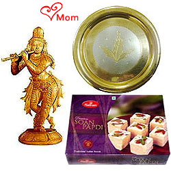 Intricate Krishna made of Sandalwood and Sweets Hamper Intricate Krishna made of Sandalwood and Sweets Hamper
