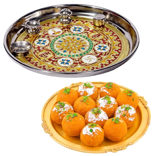 Delicious Haldiram Laddoo along with Designer Meenakari Subh Labh Stainless Steel Thali Delicious Haldiram Laddoo along with Designer Meenakari Subh Labh Stainless Steel Thali