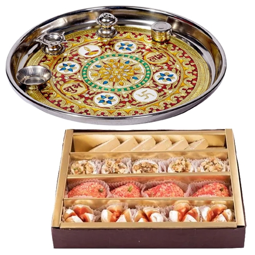 Wonderful Meenakari styled Subh Labh Stainless Steel Thali with Haldiram Assorted Sweets Wonderful Meenakari styled Subh Labh Stainless Steel Thali with Haldiram Assorted Sweets