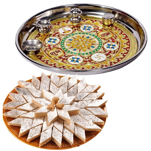 Designer Meenakari styled Subh Labh Stainless Steel Thali with Haldiram Kaju Katli Designer Meenakari styled Subh Labh Stainless Steel Thali with Haldiram Kaju Katli